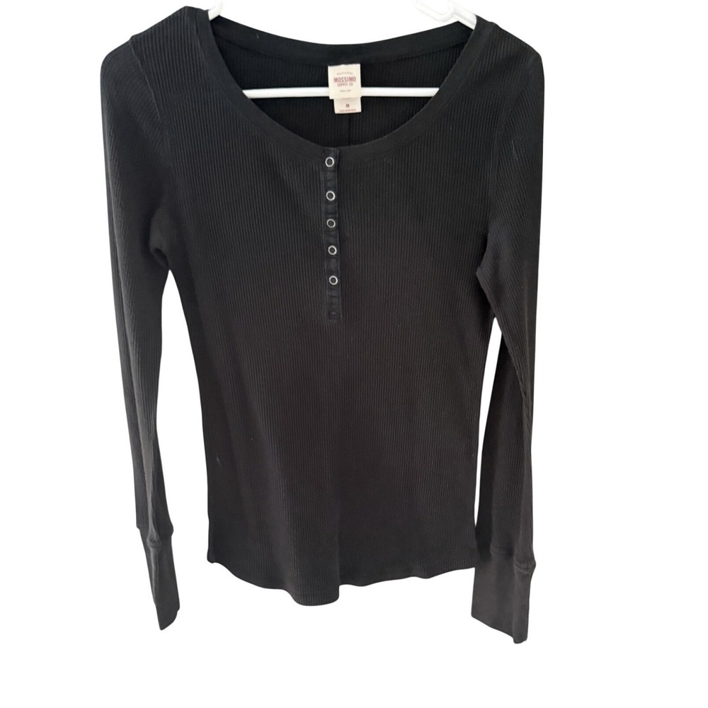 Mossimo Grunge Womens Black Ribbed Waffle Knit Long Sleeve Henley Top Size M